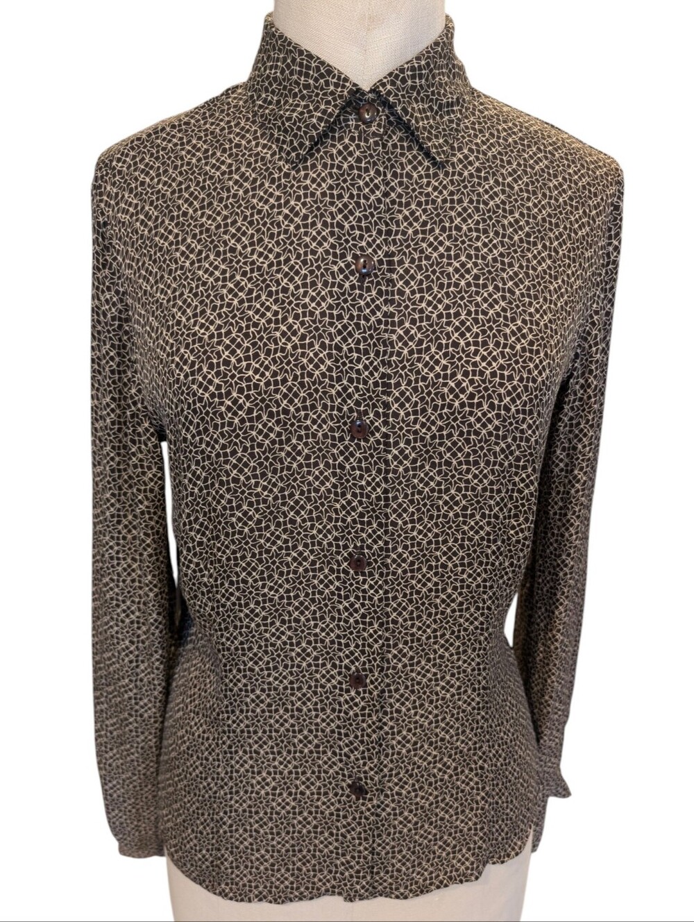 Vintage Ann Taylor Silk Button Up Blouse, Brown & Cream Geometric Print. Sz. 8
